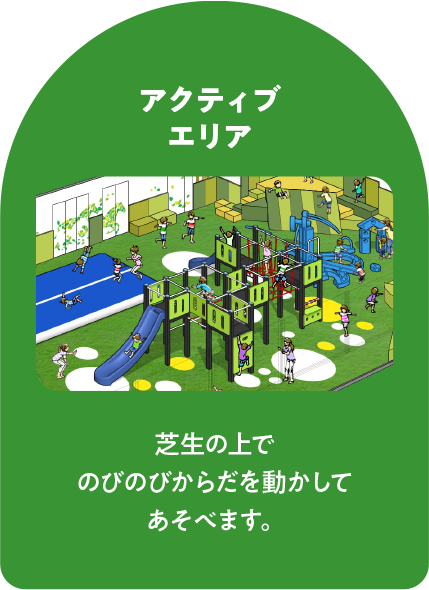 アクティブエリア　芝生の上でのびのびからだを動かしてあそべます。