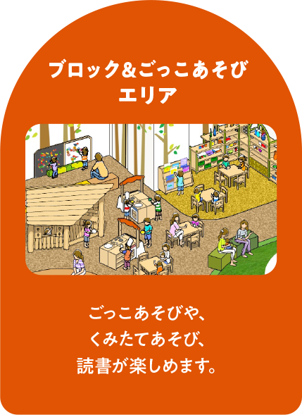ブロック＆ごっこあそびエリア　ごっこあそびや、くみたてあそび、読書が楽しめます。