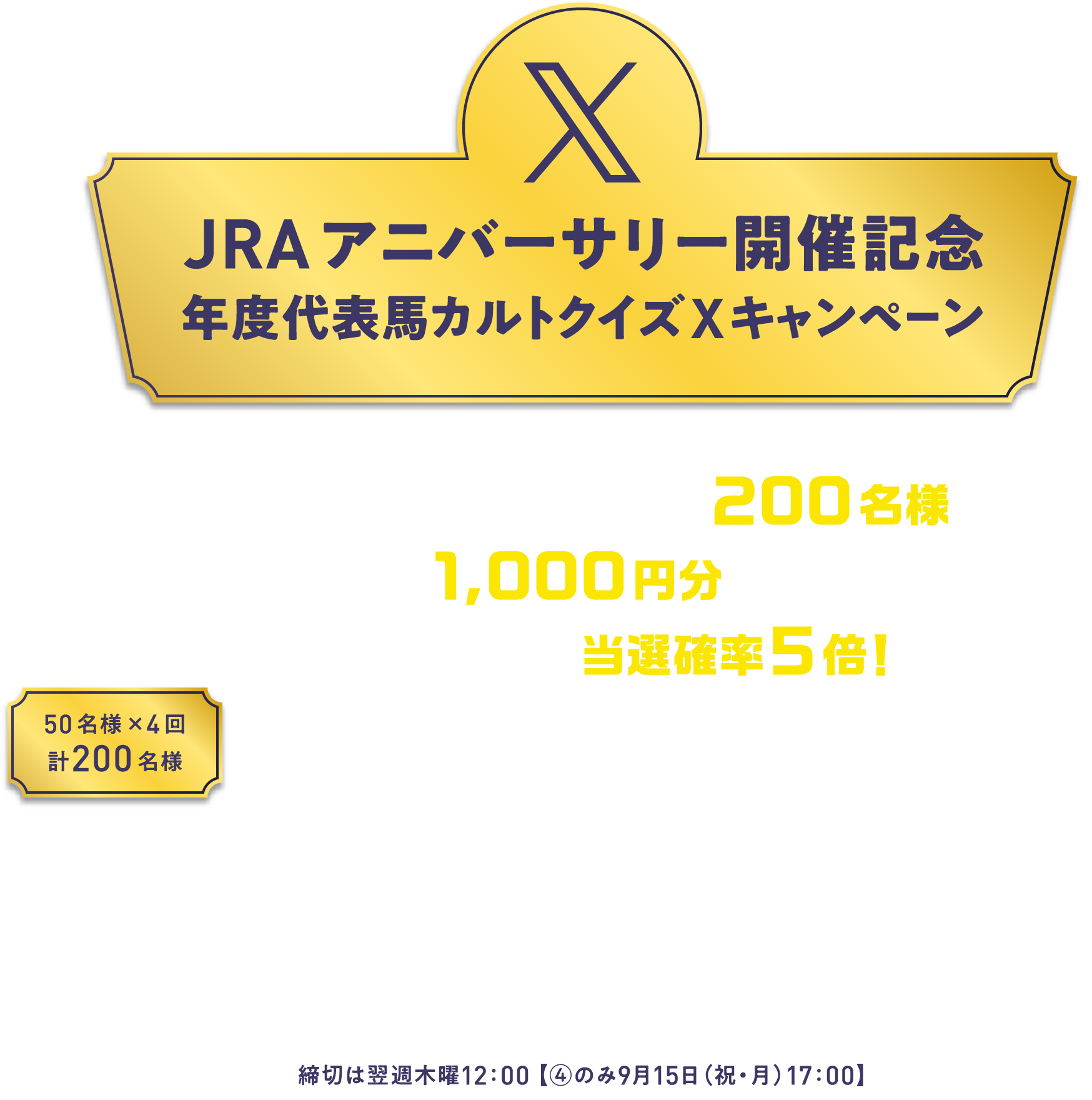 

JRA�A�j�o�[�T���[�J�ËL�O
�N�x��\�n�J���g�N�C�Y�L�����y�[��
    
�Q���������̒����璊�I��200���l��
����ׂ�Pay1,000�~�����v���[���g�I
�N�C�Y�����҂͓��I�m��5�{�I
    
50���l�~4��
�v200���l 
    
���e����  
�i1�j2025�N8��22���i���j
�i2�j2025�N8��29���i���j 
�i3�j2025�N9��5���i���j
�i4�j2025�N9��12���i���j  
���؂͗��T�ؗj12�F00 �y�C�̂�9��15���i�j�E���j17�F00�z

