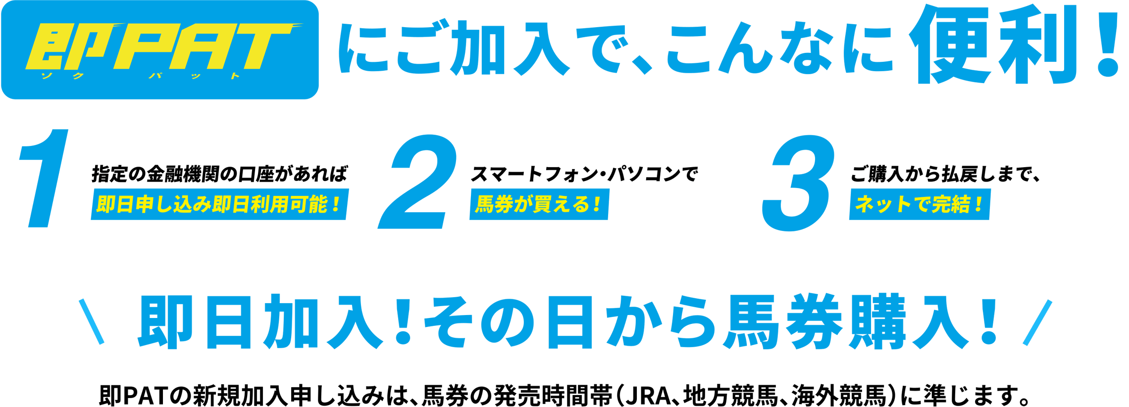 即PATにご加入で、こんなに便利！ 1.指定の銀行口座・カードがあれば、即日申し込み・即日利用可能！ 2.スマートフォン・パソコンで馬券が買える！ 3.ご購入から払い戻しまでネットで完結！